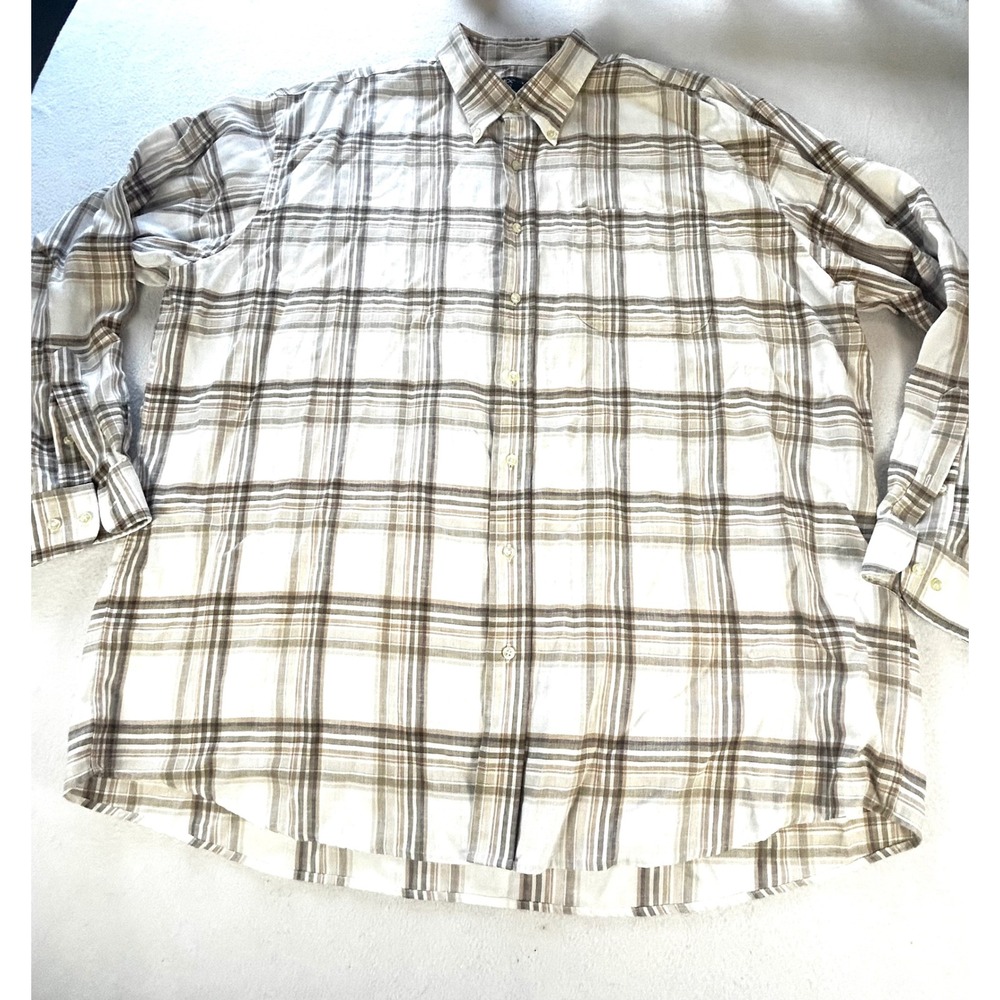 Jos A Bank Travelers Collection Mens XXL Linen Plaid Button Down Shirt Beige